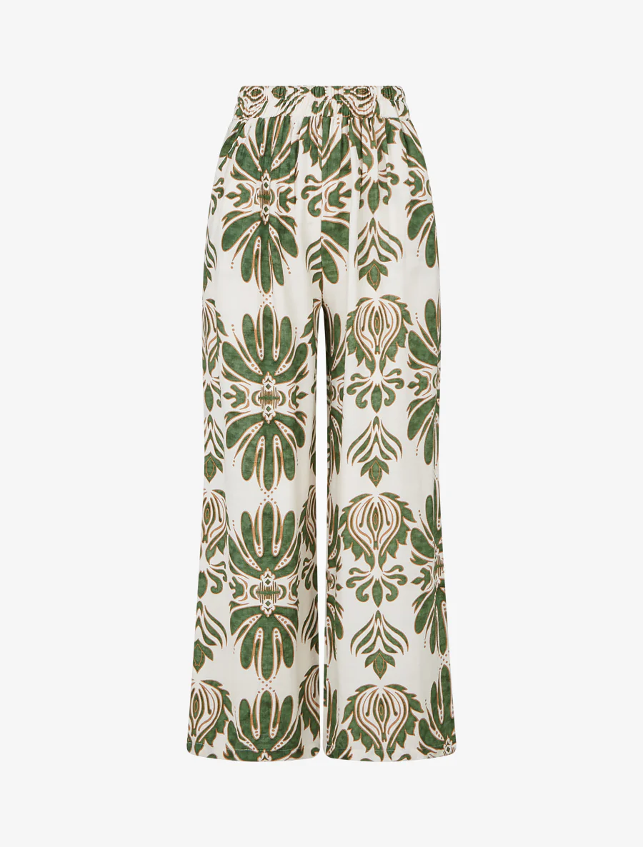 Hoge taille wijde broek met arabeskenprint - Kaki