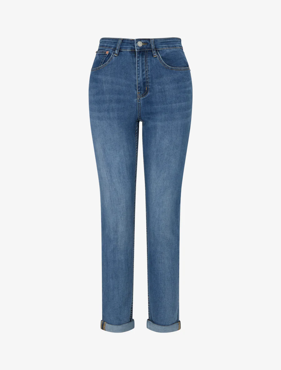 Hoog getailleerde, gebleekte slim-fit jeans - Blauw