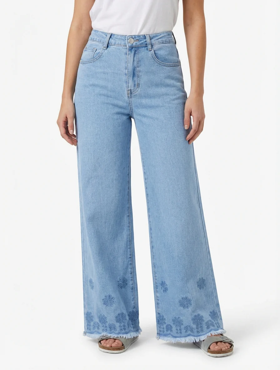 Hoog getailleerde jeans met geborduurde randen. - Blauw - Image 4