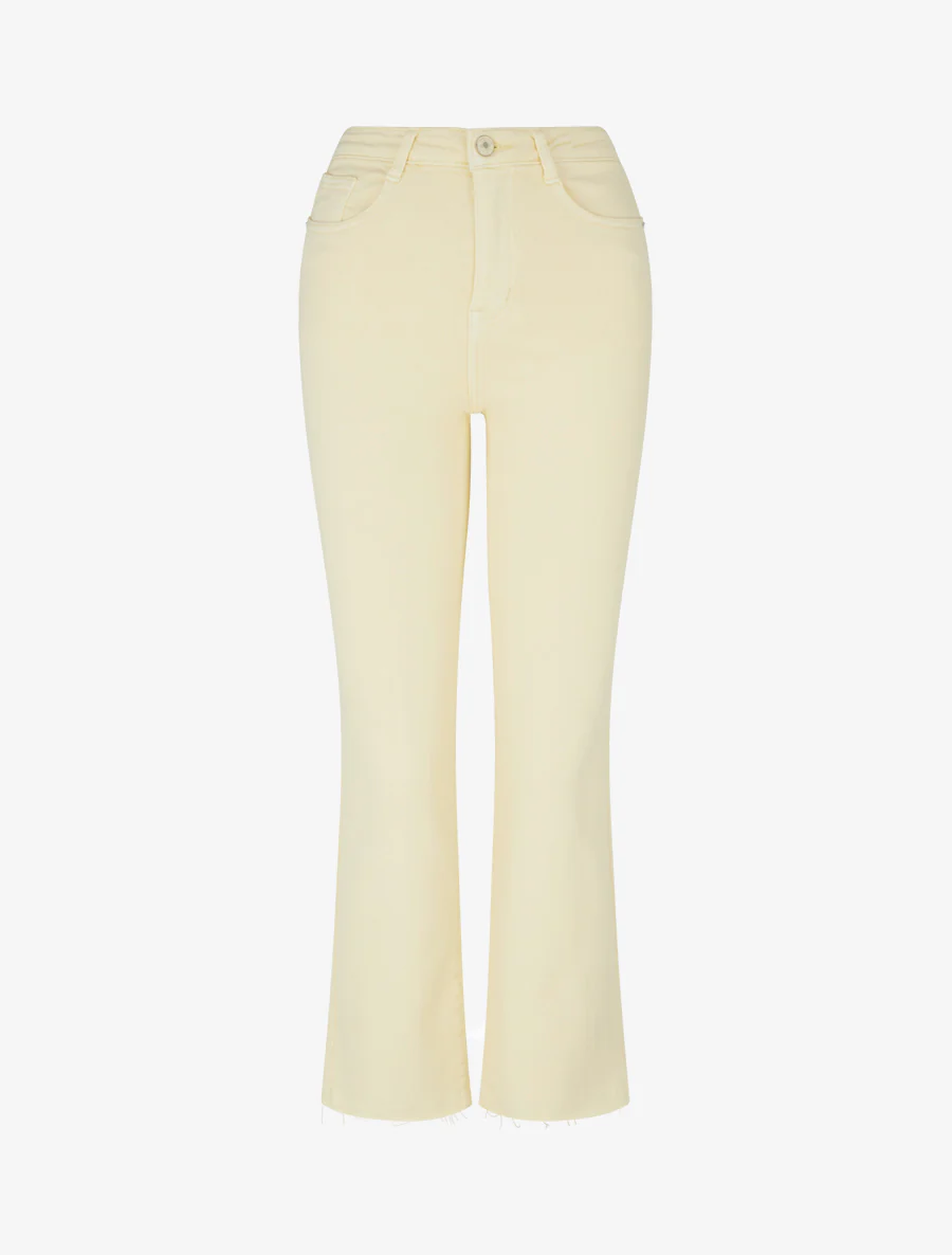 Hoog getailleerde jeans met onafgewerkte zoom. - Pastelgeel