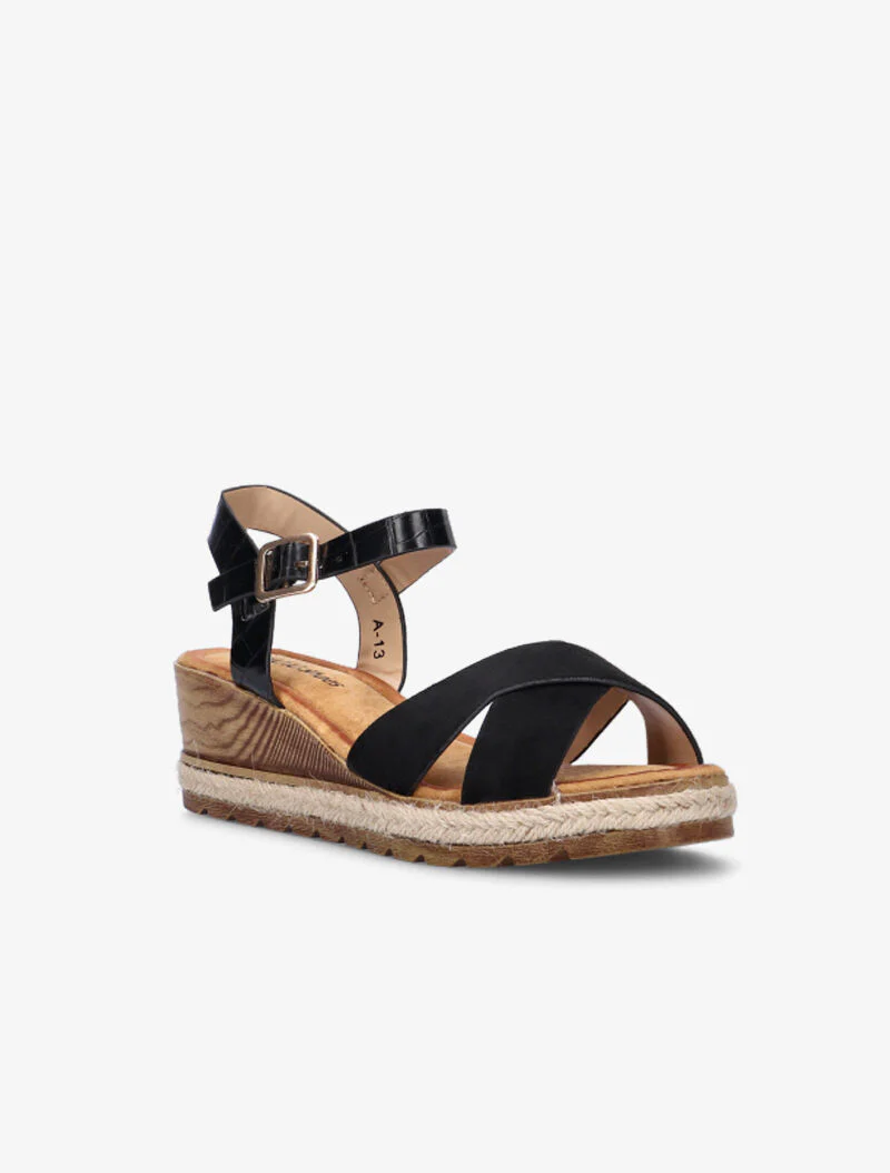 Houten effect sleehakken en raffia band - zwart - Image 3