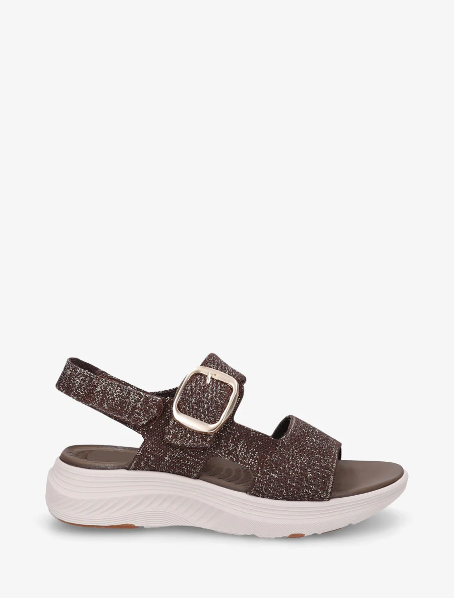 Iridescerende stoffen sandalen met gesp en klittenband. - Bruin
