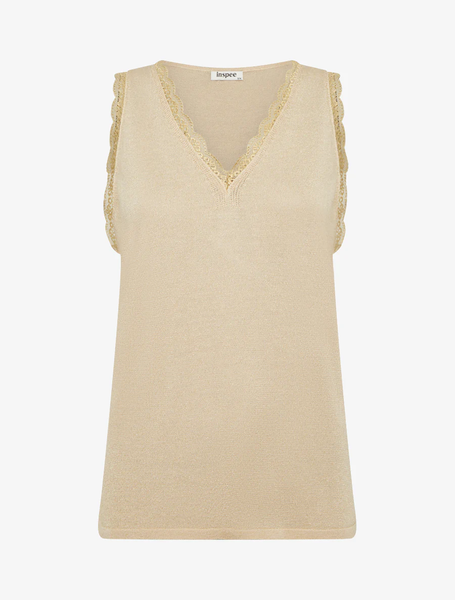 Irisé gebreid hemd met kant - Beige