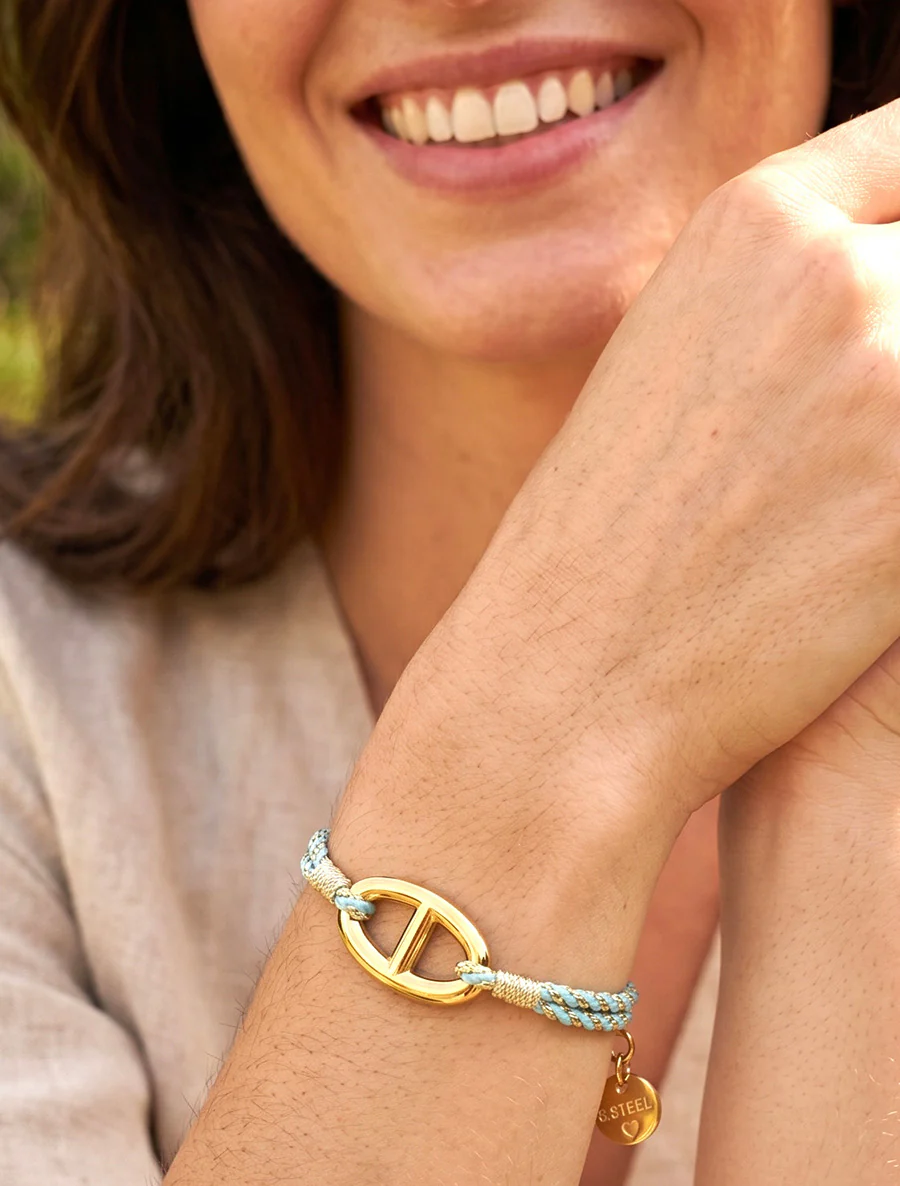 Iriseren koordenarmband met ovale schakel - Goud/turkooisblauw