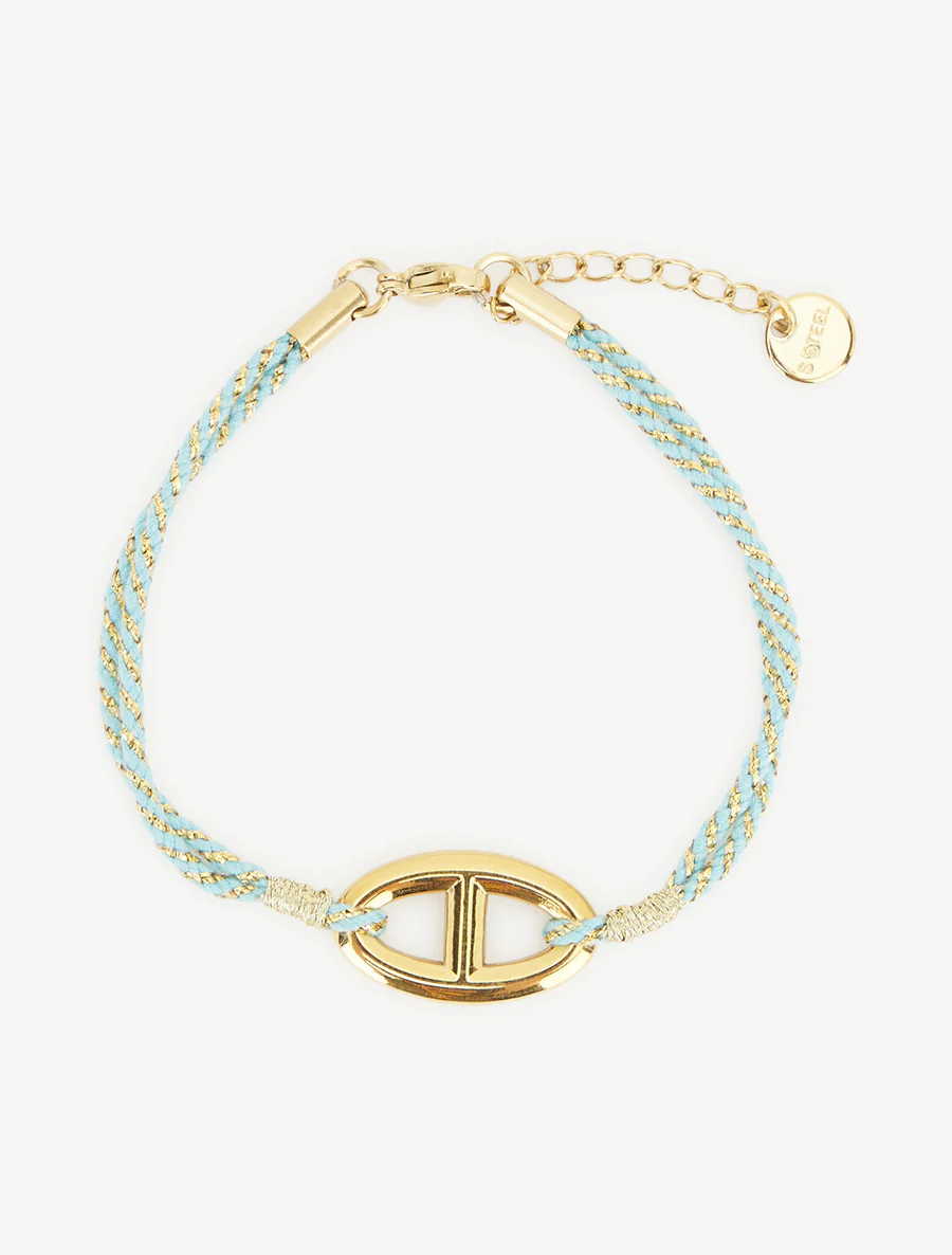 Iriseren koordenarmband met ovale schakel - Goud/turkooisblauw - Image 2
