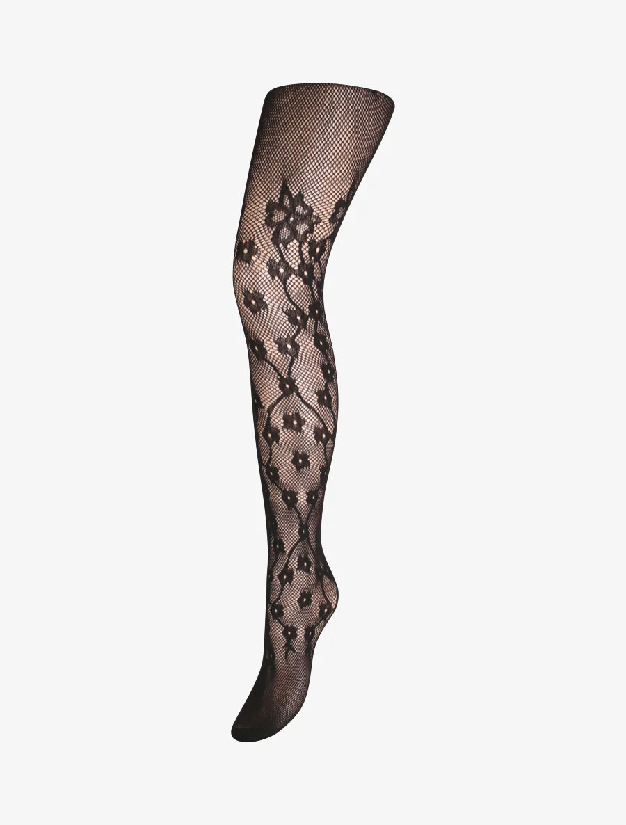 Netpanty's met bloemen jacquard - Zwart
