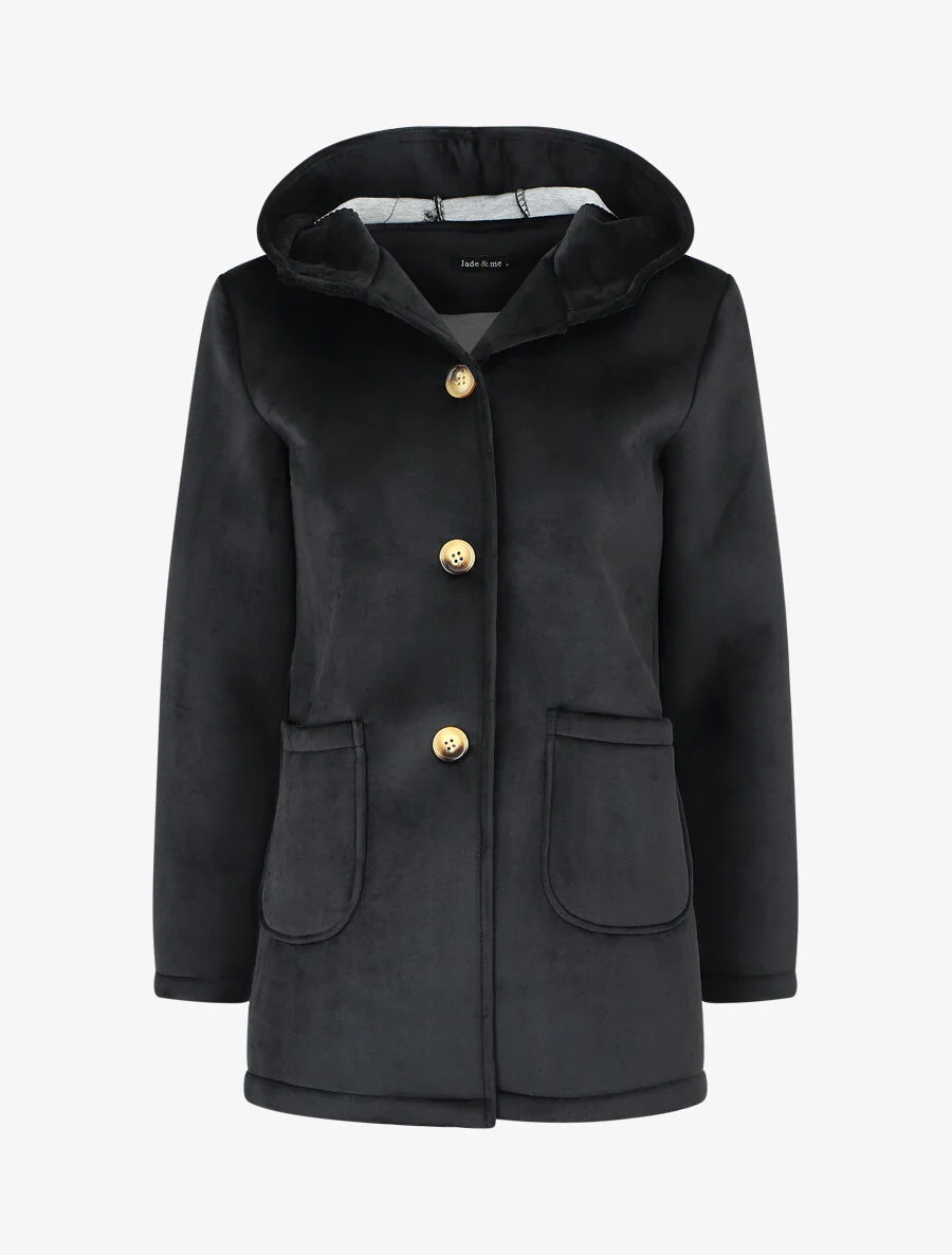 Jas met capuchon in fluwelen look - Zwart