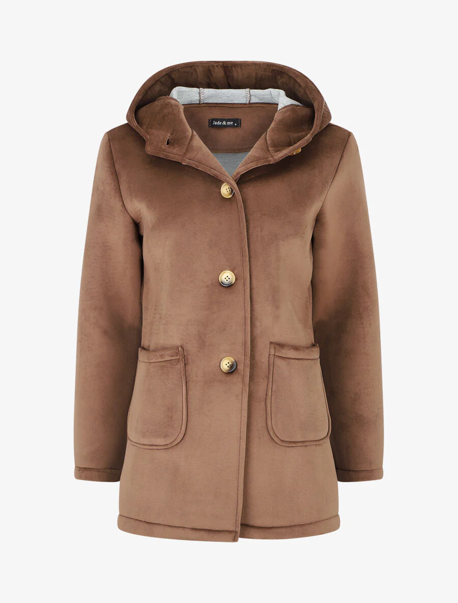 Jas met capuchon in fluwelen look - bruin