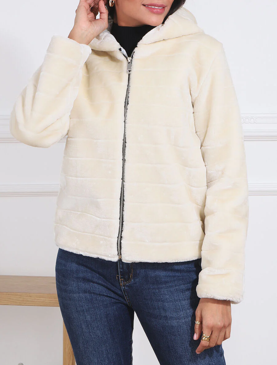 Jas met capuchon van synthetisch bont - Lichtbeige - Image 4