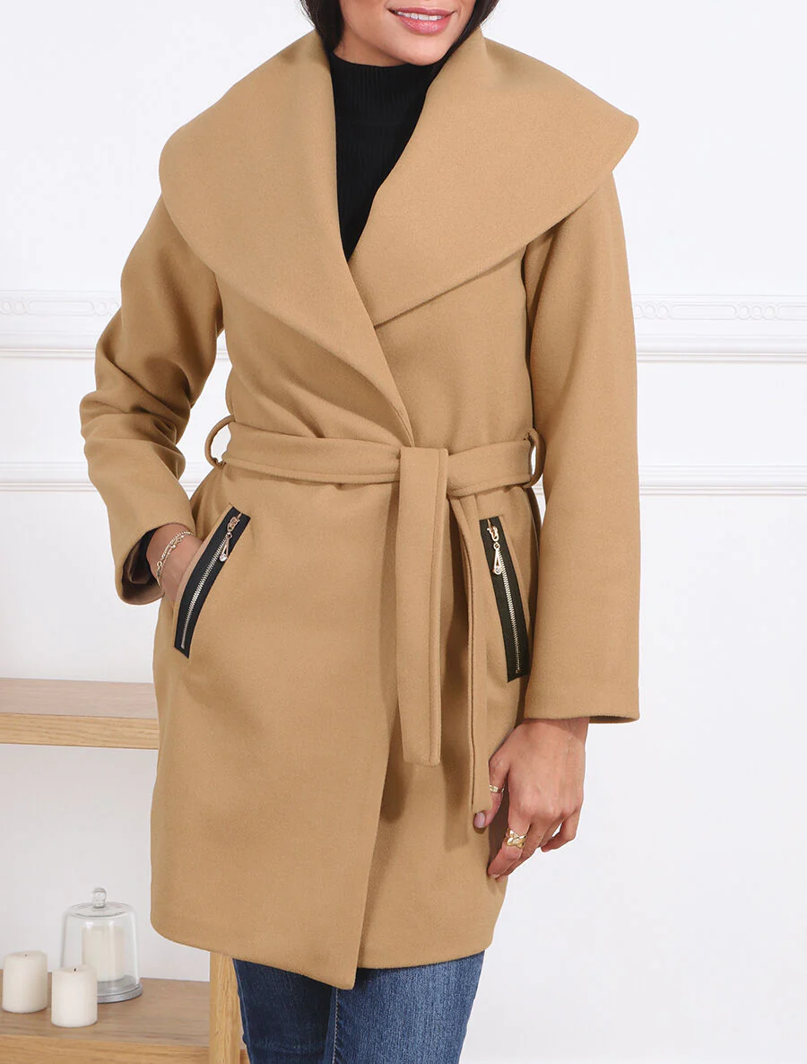 Jas met sjaalkraag - Beige - Image 4