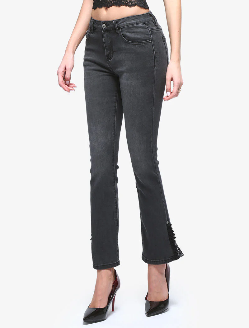 Jeans 7/8 aan boord detail kant - antraciet
