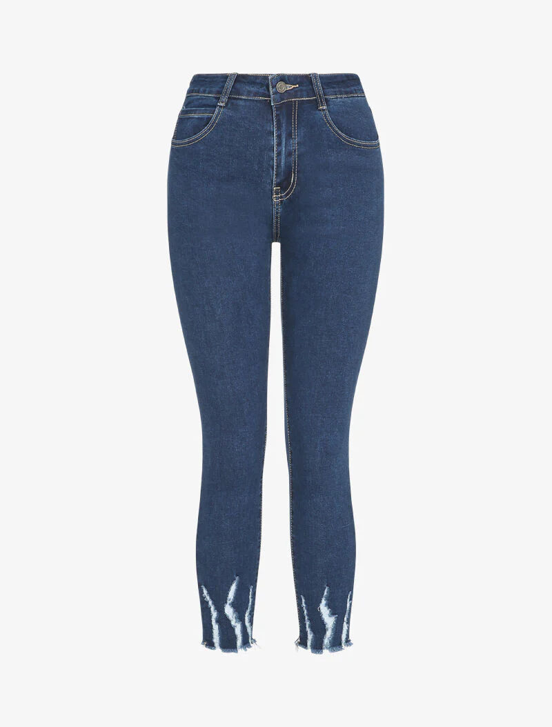 Jean 7/8 met rafelige snede en gekraste randen - Blauw denim