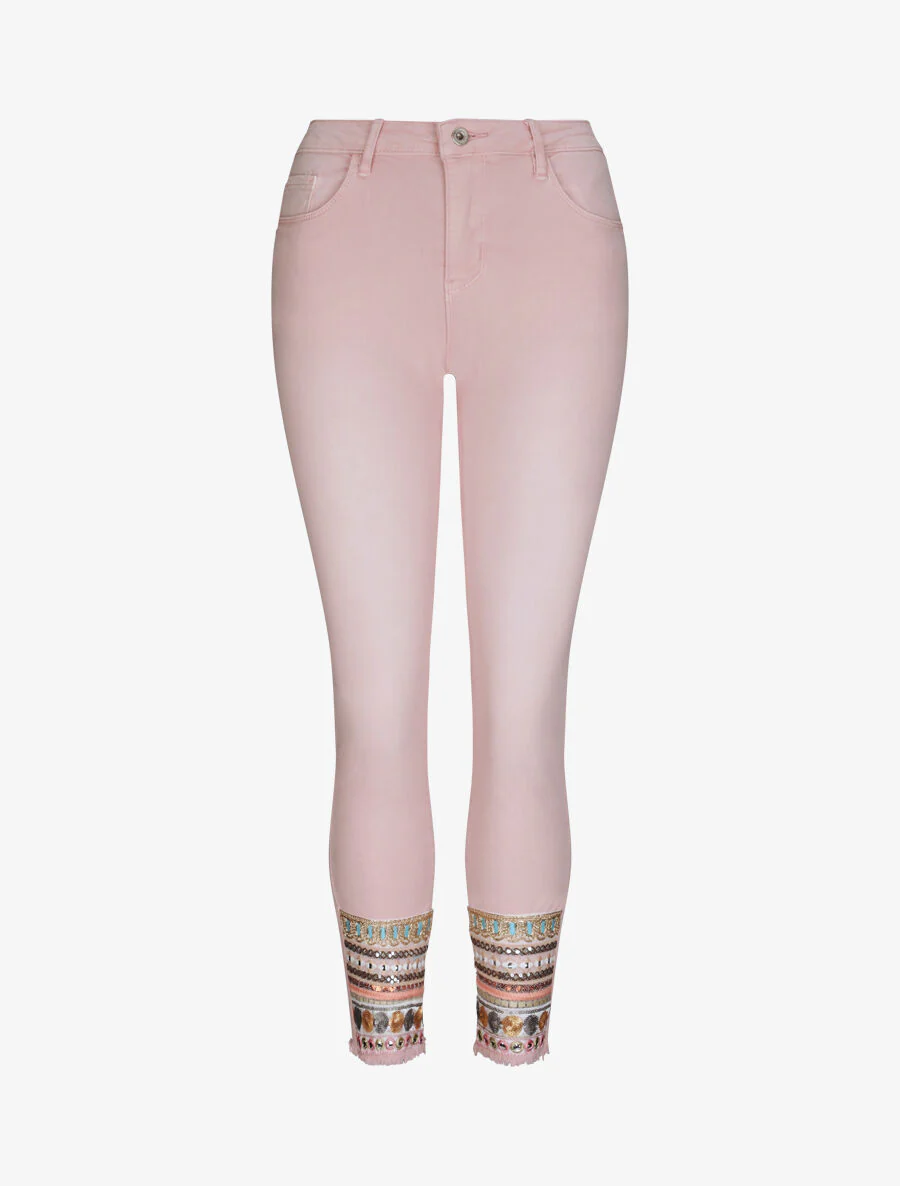 Jean 7/8 met scherpe randen versierd met pailletten - Roze