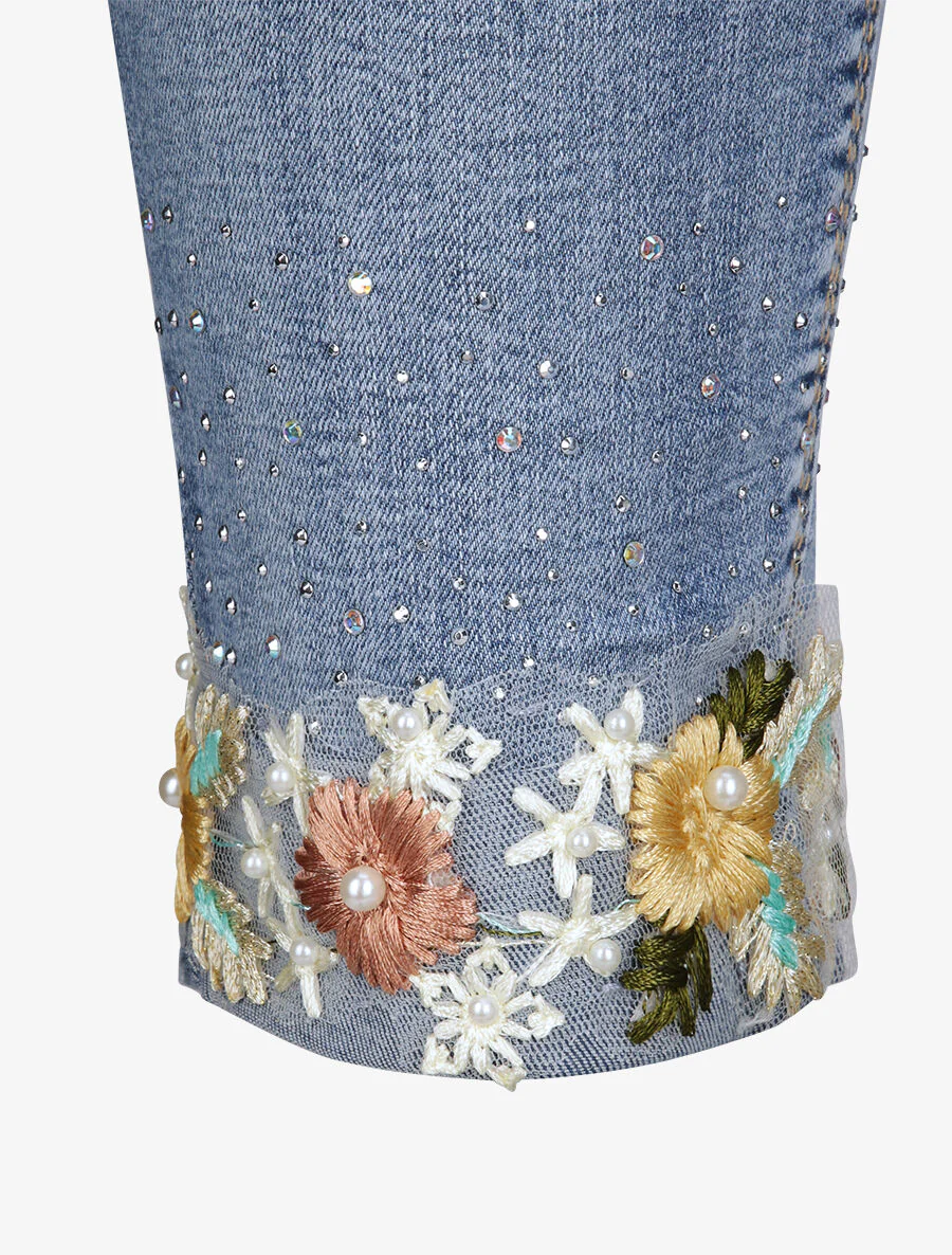 Jean 7/8 met versieringen en strassen - Blauw denim - Image 3