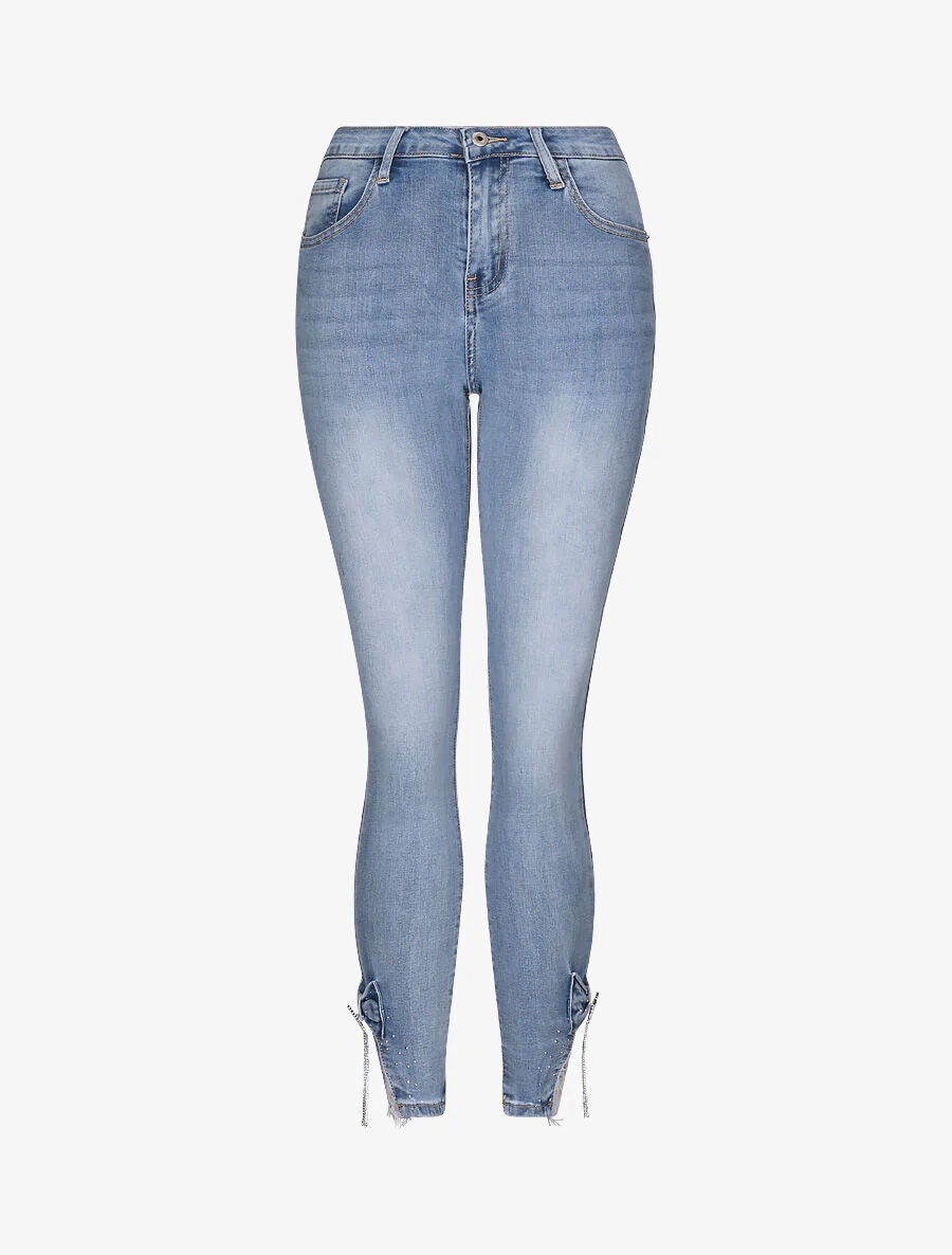 Jean 7/8 versierd met strass en kant - Blauw denim