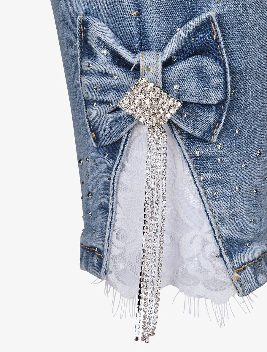 Jean 7/8 versierd met strass en kant - Blauw denim - Image 3