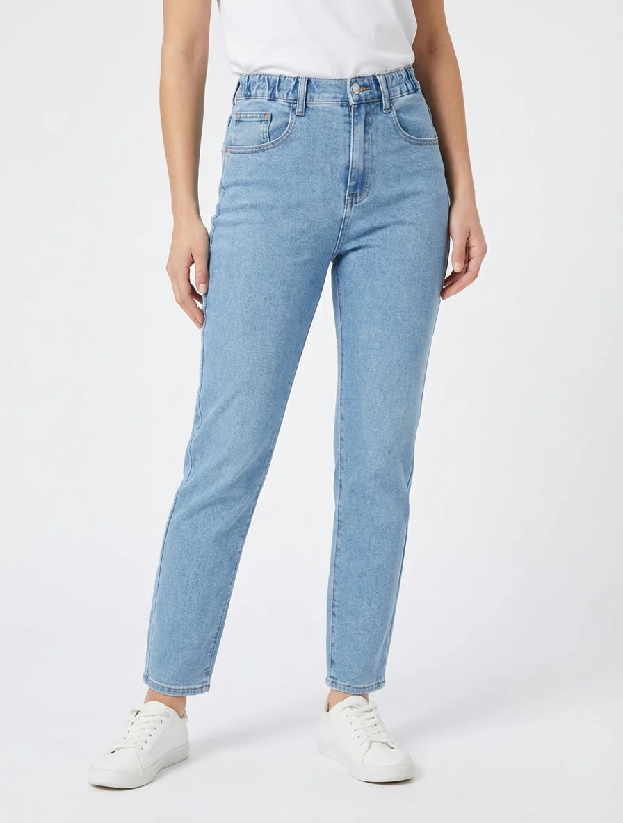 Jean met elastische tailleband in mom fit - Blauw - Image 4