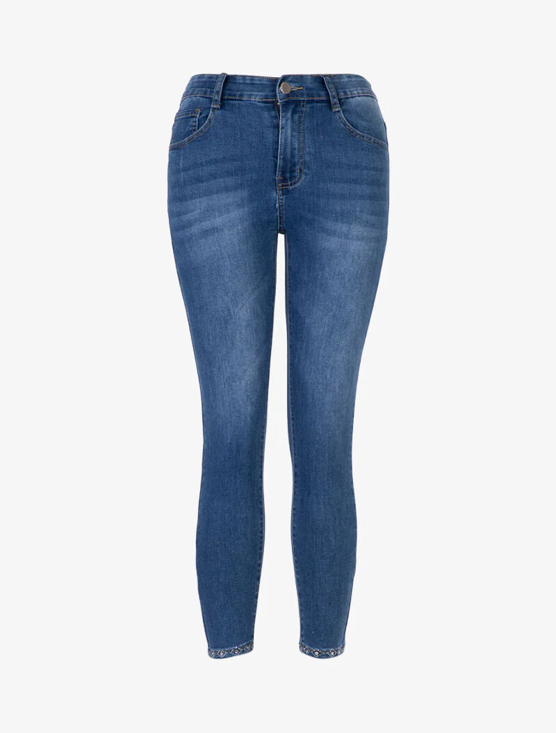 Jean met fijne randen met strass - blauw denim