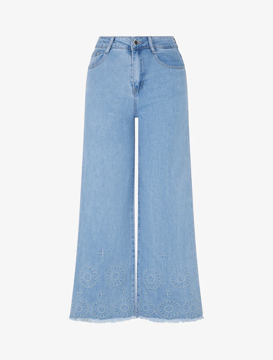 Jean met grafische borduursels - Blauw