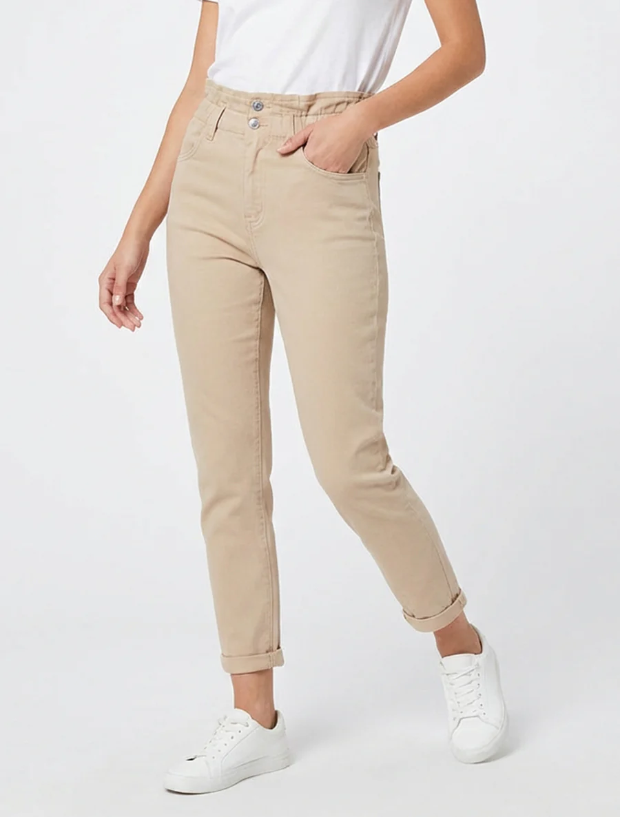 Jean met hoge elastische taille - Beige - Image 4