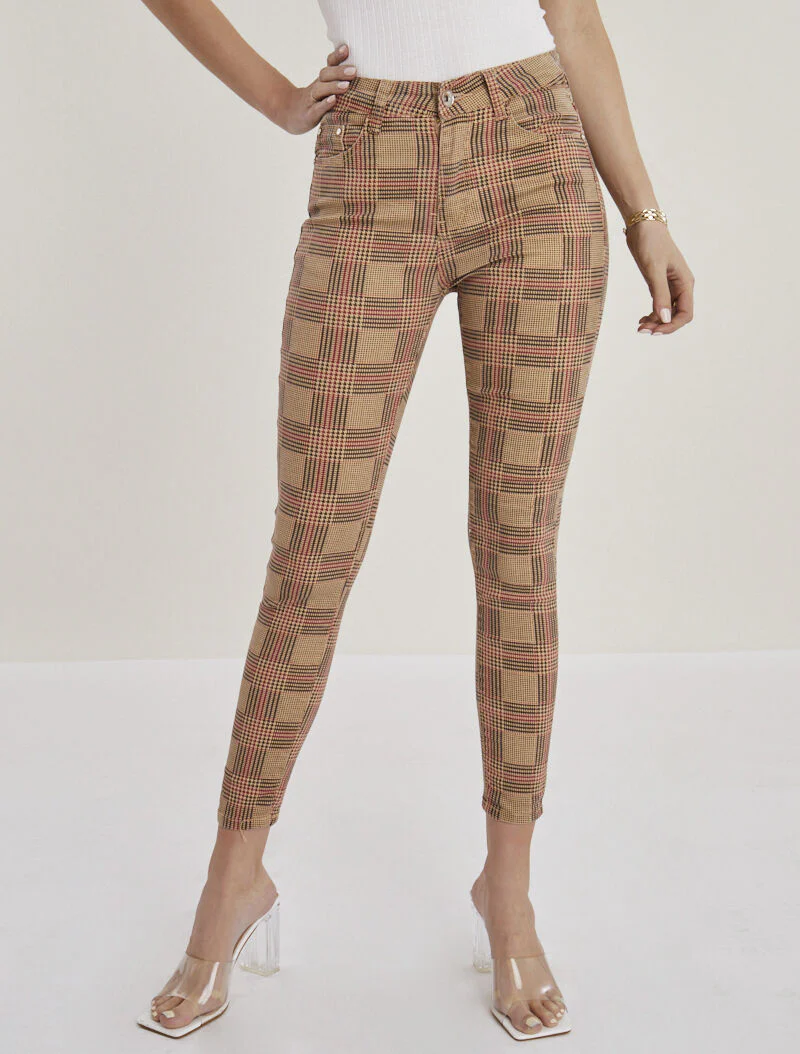 Jean met houndstooth ruitpatroon en skinny fit - kameel