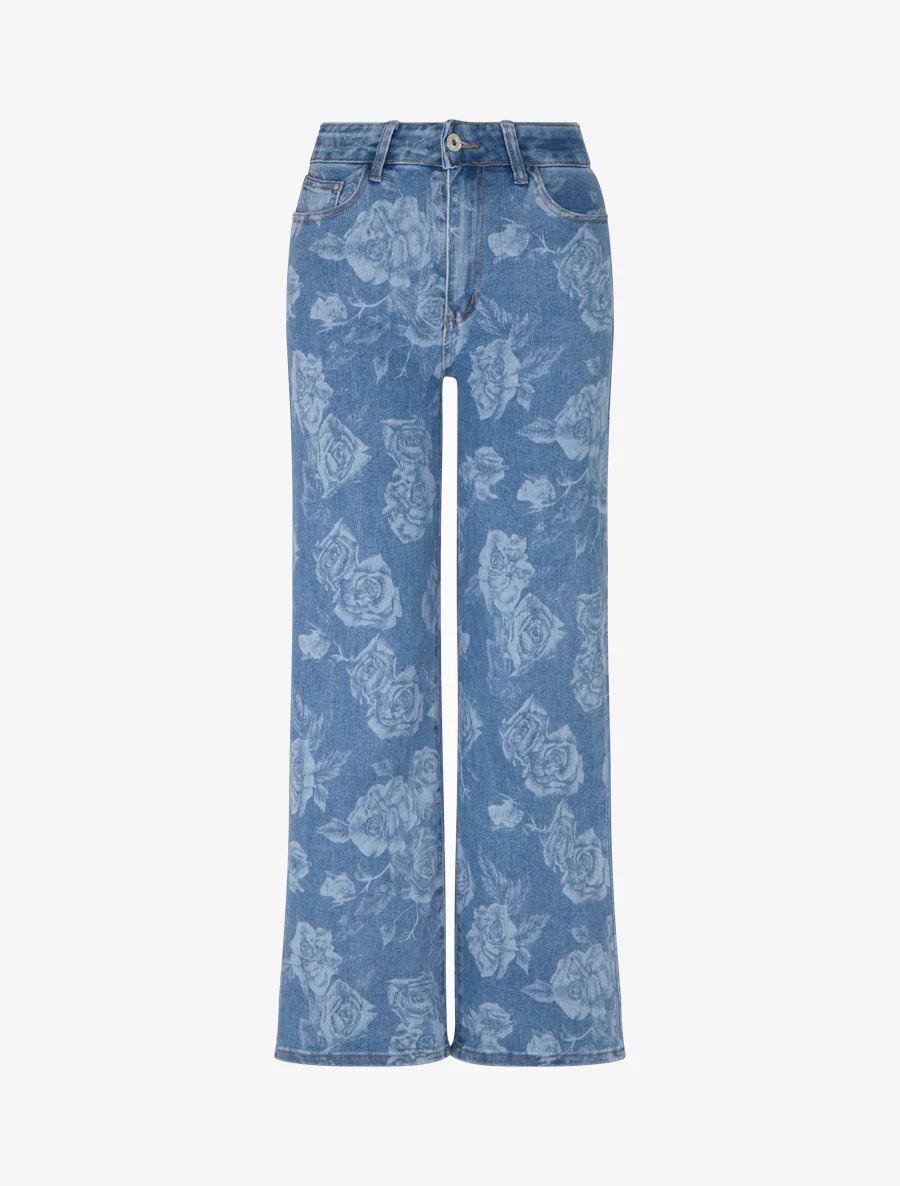 Jean met rechte pijpen en rozenprint - Blauw