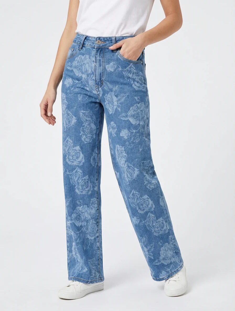 Jean met rechte pijpen en rozenprint - Blauw - Image 4