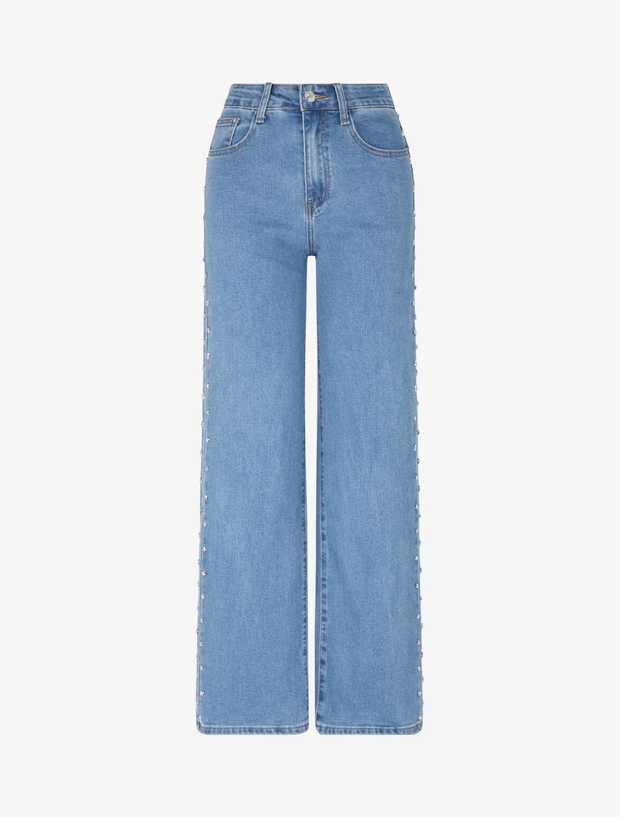 Jean met wijde pijpen en stervormige strass-steentjes - Blauw