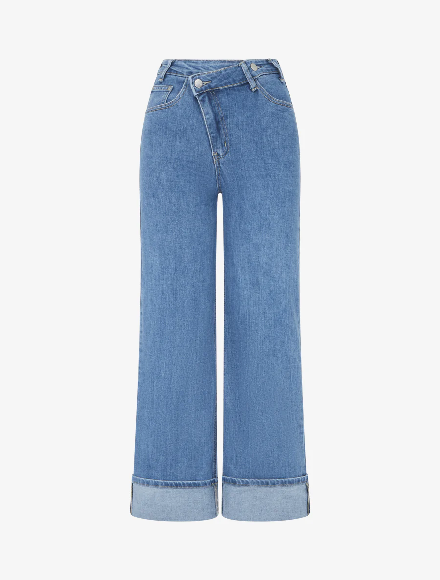 Jean met zoom en diagonale knopen rechte snit - Blauw