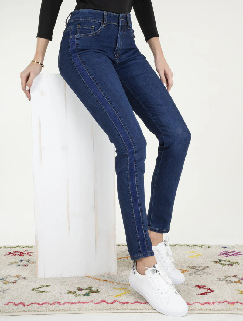Jean mom hoge taille met fluwelen band - blauw denim
