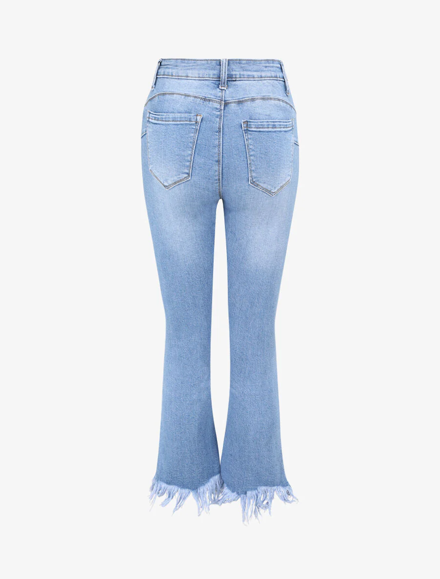 Jean push up met afgeknipte uitlopende pijpen met vernietigde randen - Licht denim - Image 2