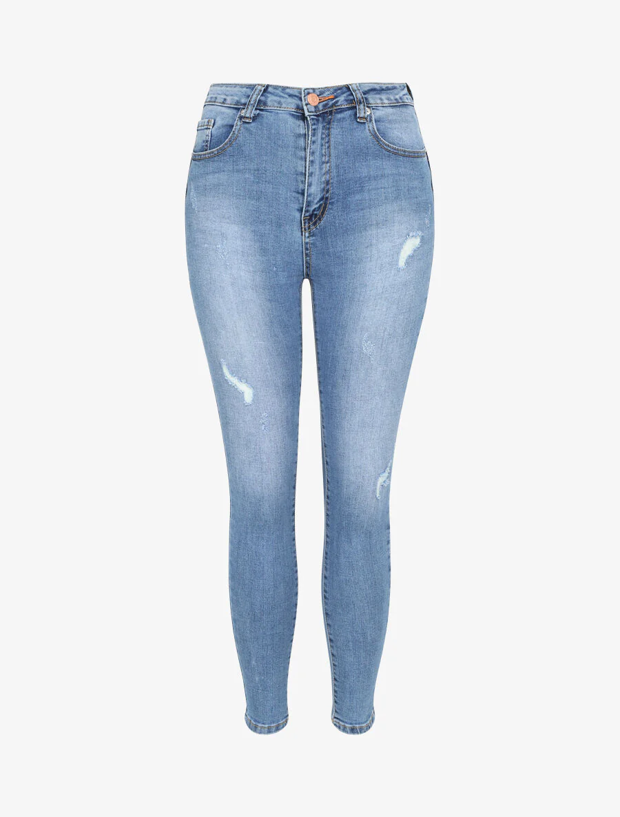 Jean push up skinny verbleekt en gescheurd - Blauw denim