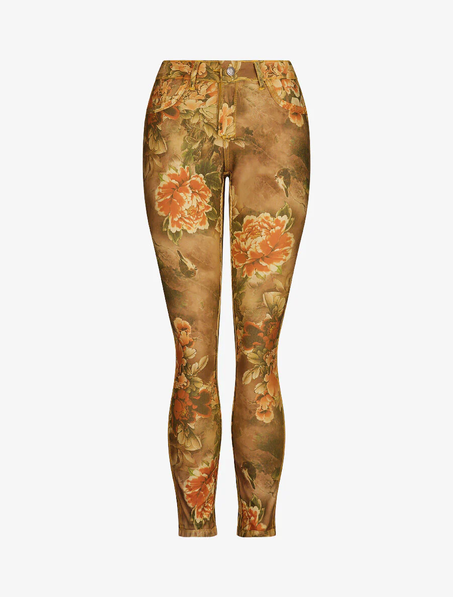 Jean reversibele slanke hoge taille gekreukt bloemenprint - Mosterd - Image 3