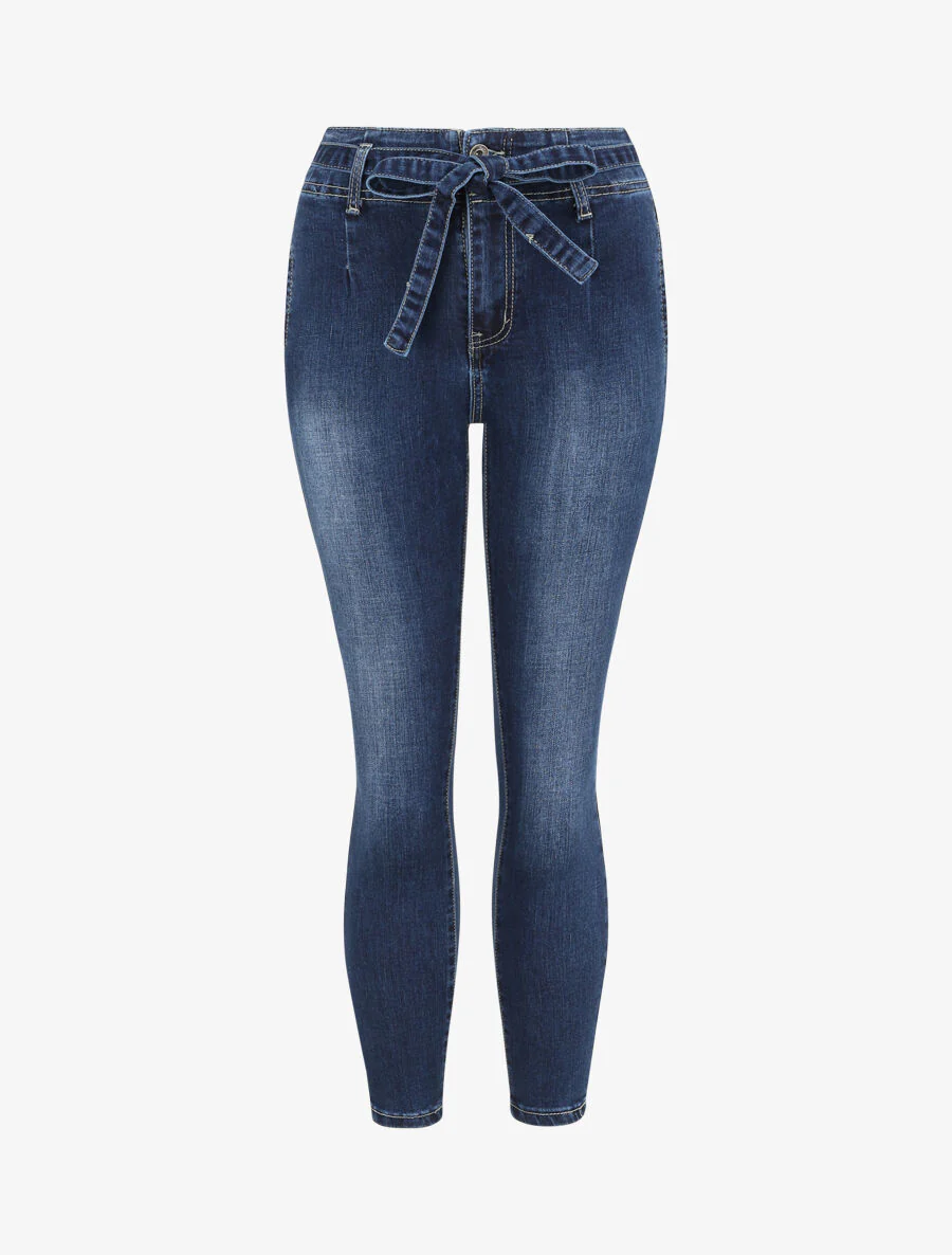 Slim fit jeans 7/8 gewassen met hoge taille en plooien - Donkerblauw