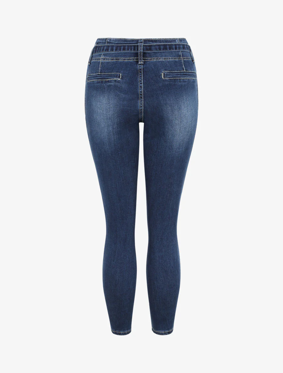 Slim fit jeans 7/8 gewassen met hoge taille en plooien - Donkerblauw - Image 2