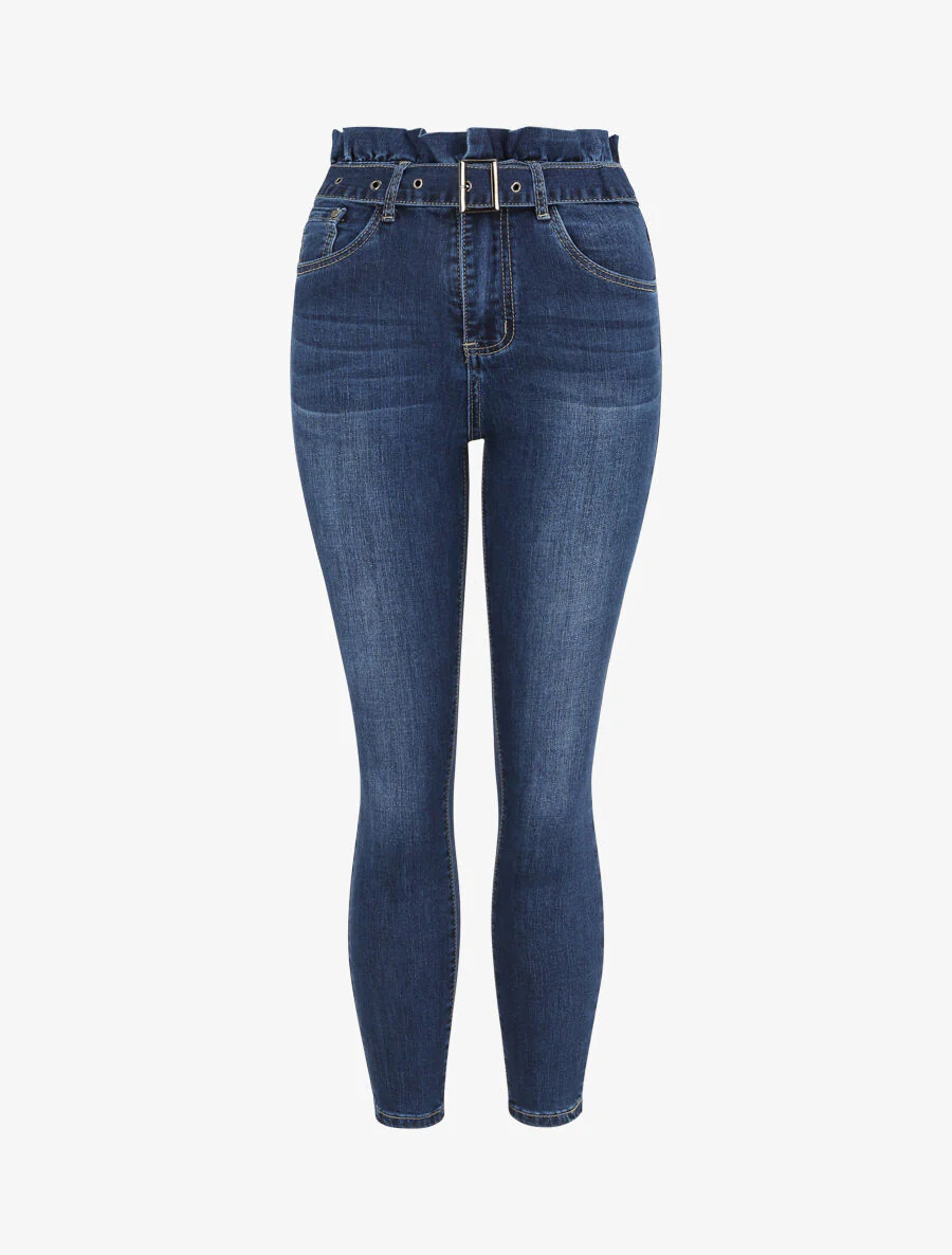 Slim fit jeans 7/8 met hoge taille met ruches - Donkerblauw