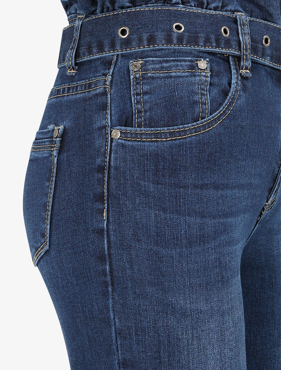 Slim fit jeans 7/8 met hoge taille met ruches - Donkerblauw - Image 3