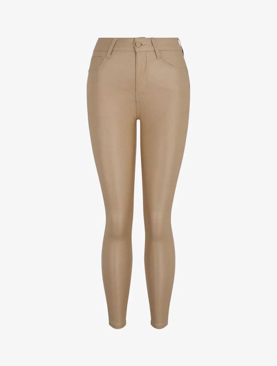 Skinny jeans met hoge taille in gewaxte stof - Beige