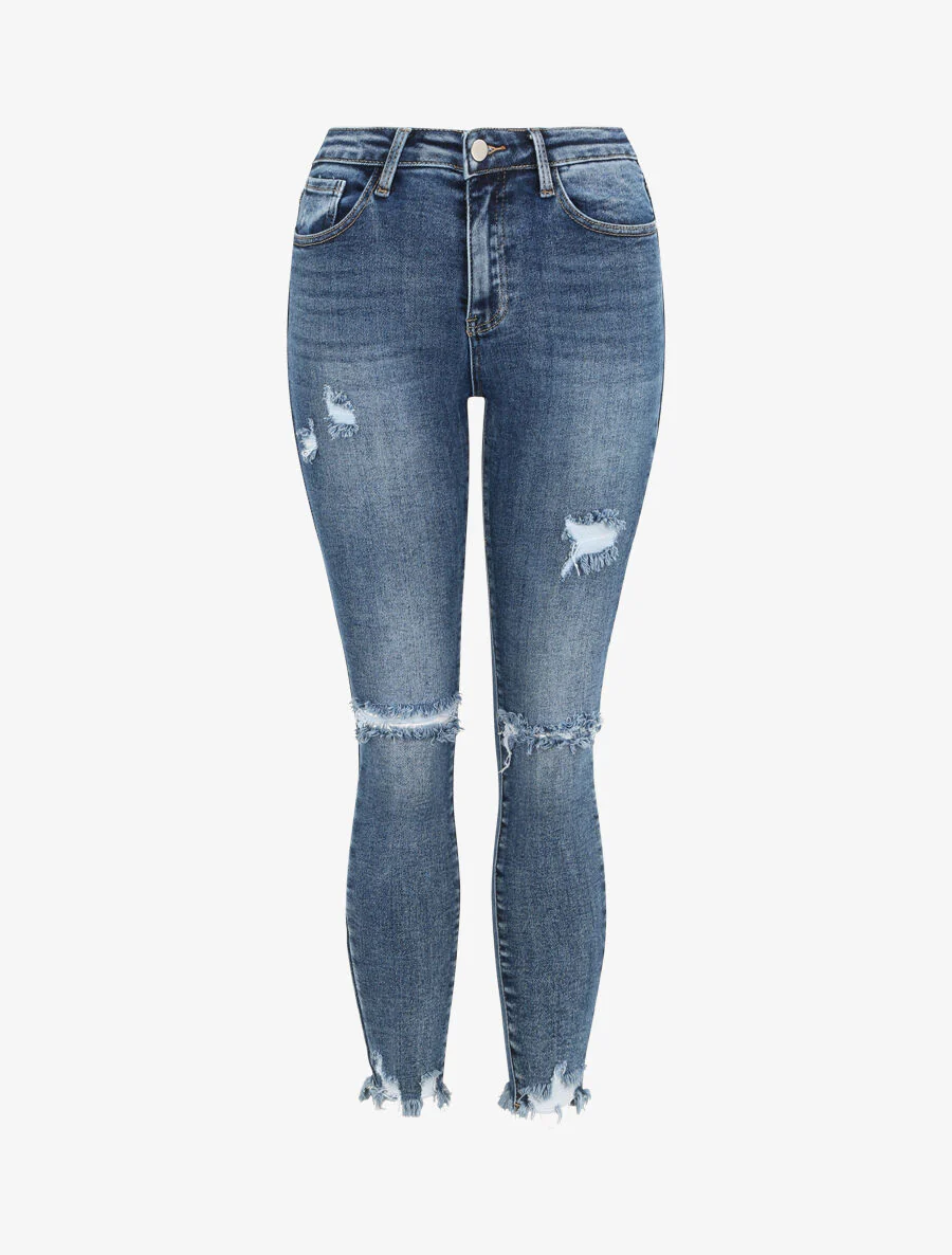 Jean skinny gescheurd en uitgefranste randen - Blauw denim