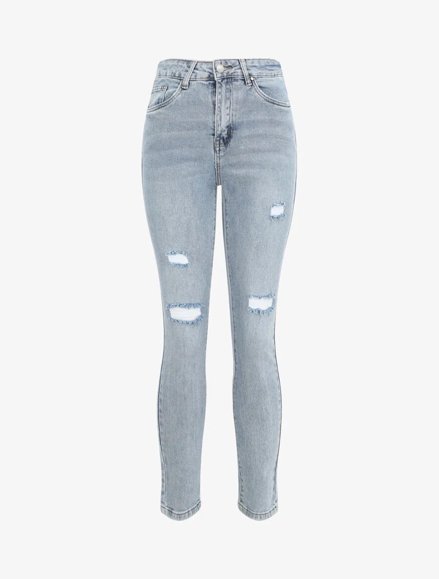 Jean skinny high waisted verbleekt en verscheurd - Lichtblauw