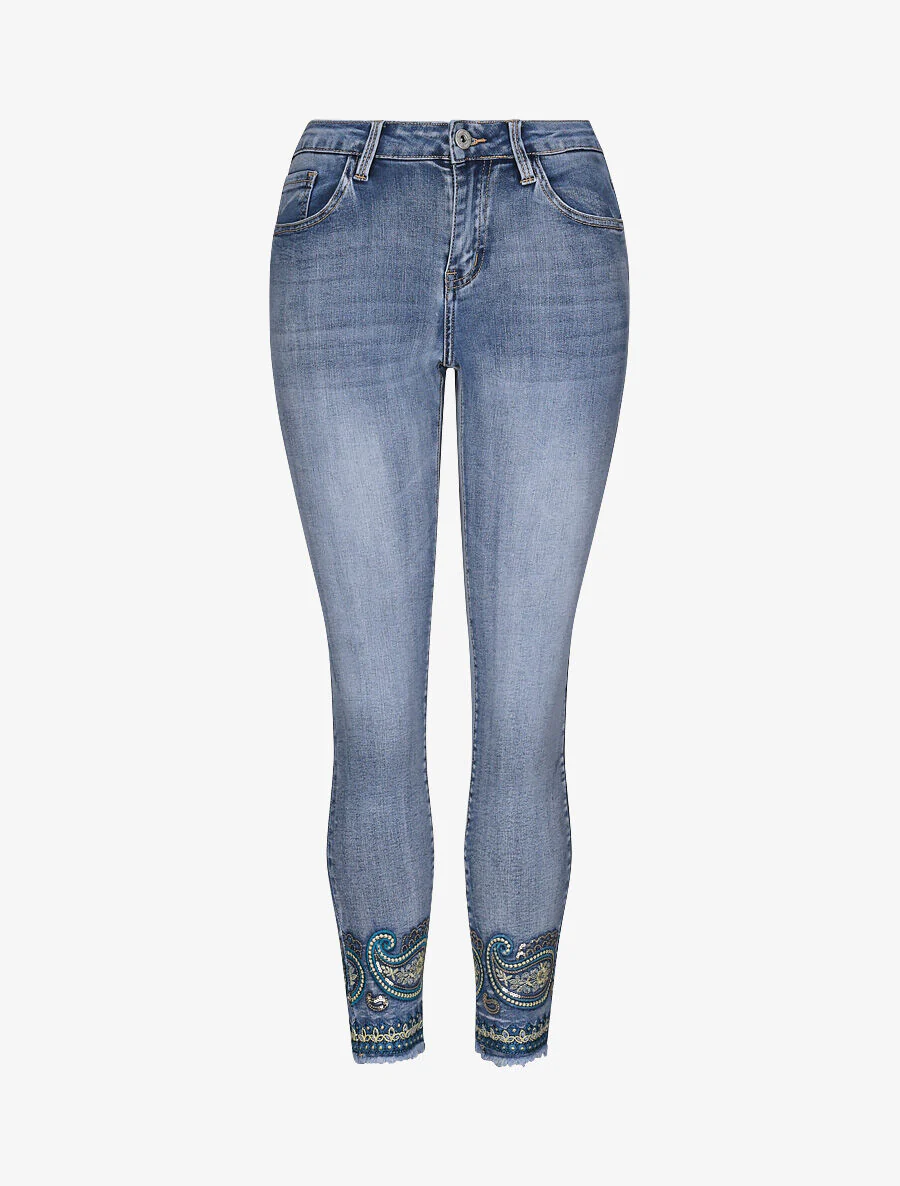 Hoge taille skinny jeans met gestileerd kasjmier borduurwerk - Blauw