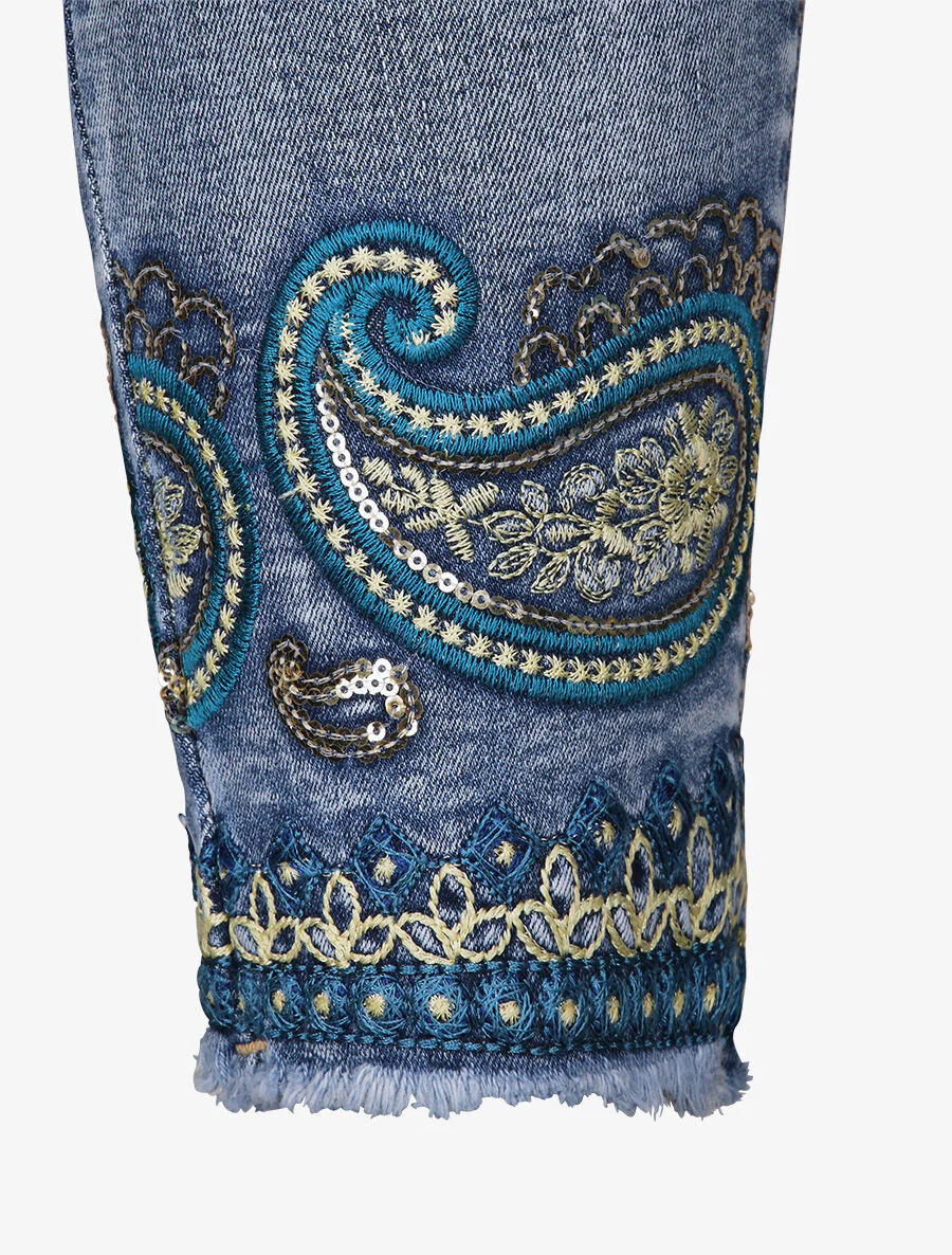Hoge taille skinny jeans met gestileerd kasjmier borduurwerk - Blauw - Image 3