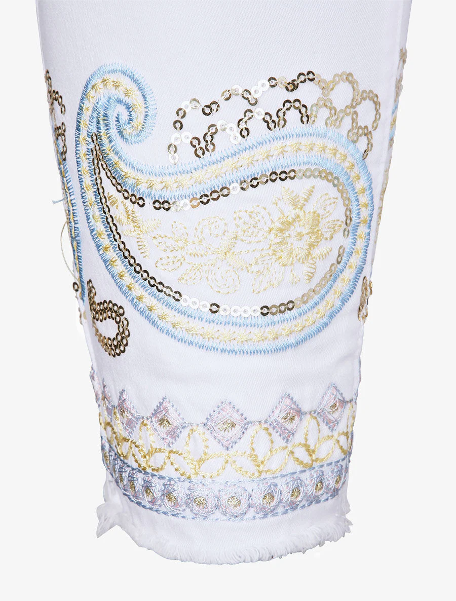 Hoge taille skinny jeans met gestileerd kasjmier borduurwerk - Wit - Image 3