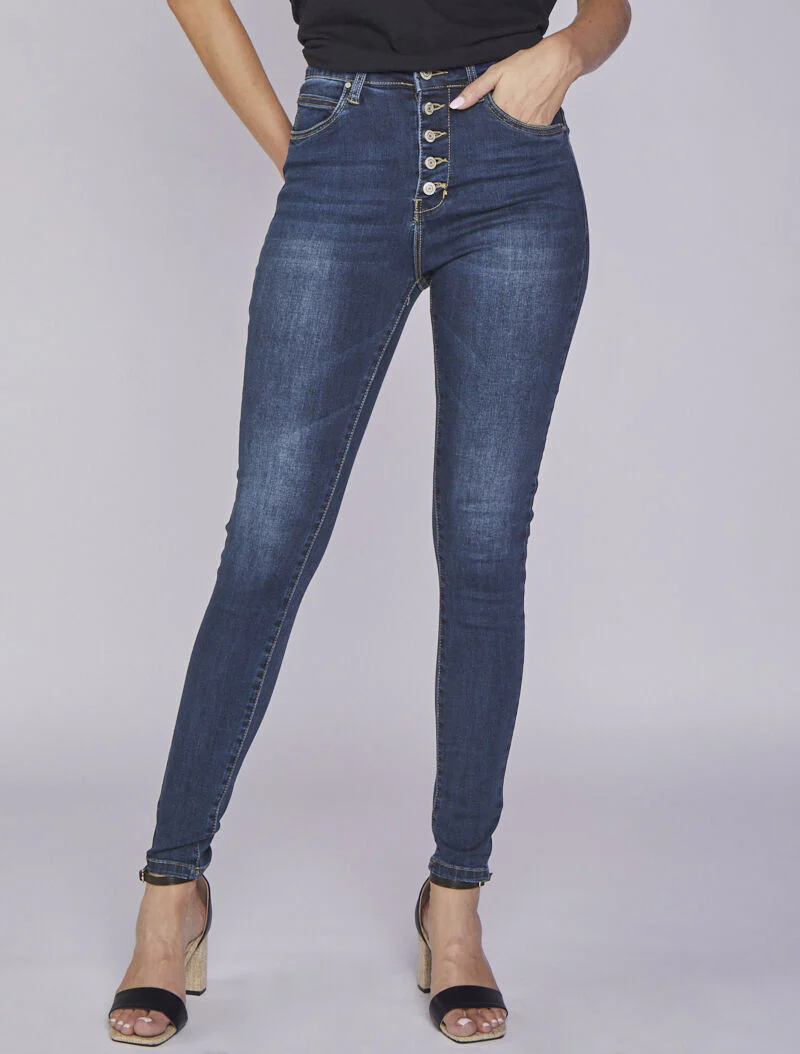 Jean skinny hoge taille met knoppen - Blauw denim