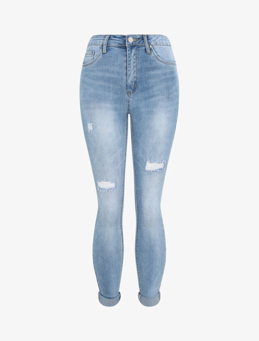 Jean skinny met hoge taille vervaagd en gescheurd - Lichtblauw