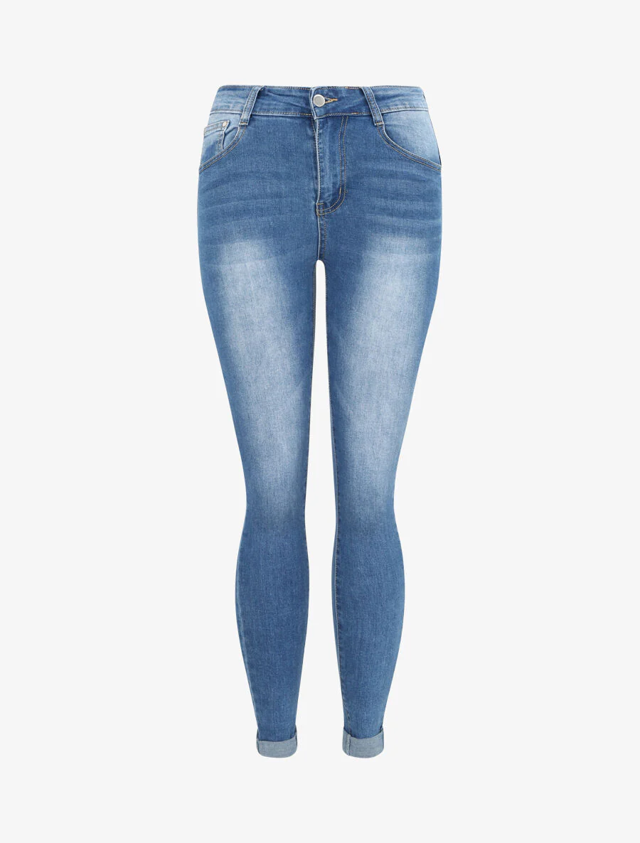 Jean skinny push up met omgekeerde revers - Blauw denim