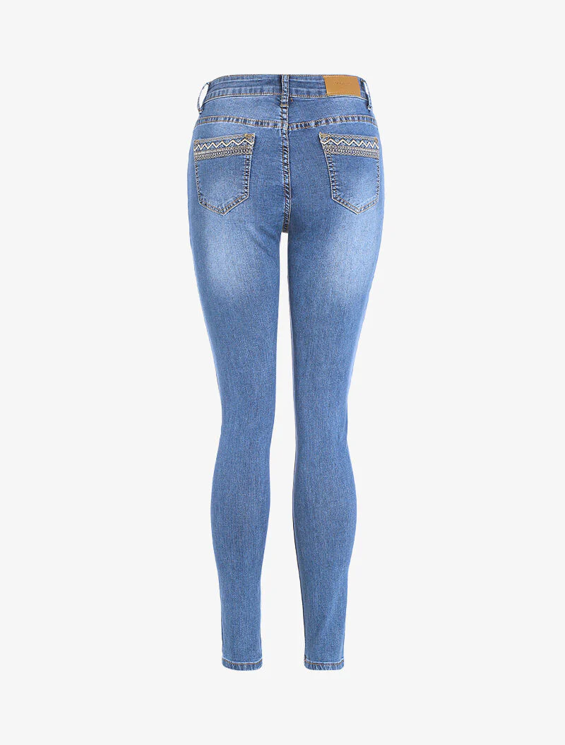 Slim jeans met borduursels en pailletten - licht denim - Image 4