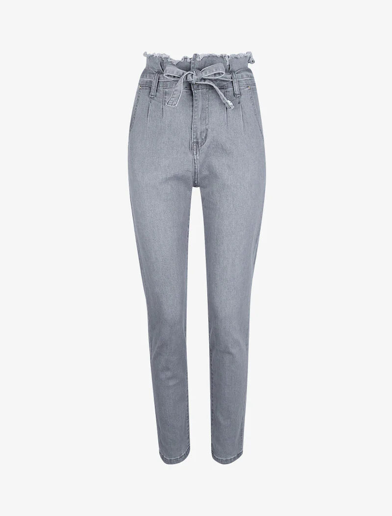 Slim fit paperbag jeans met rafelige taille - Grijs - Image 3