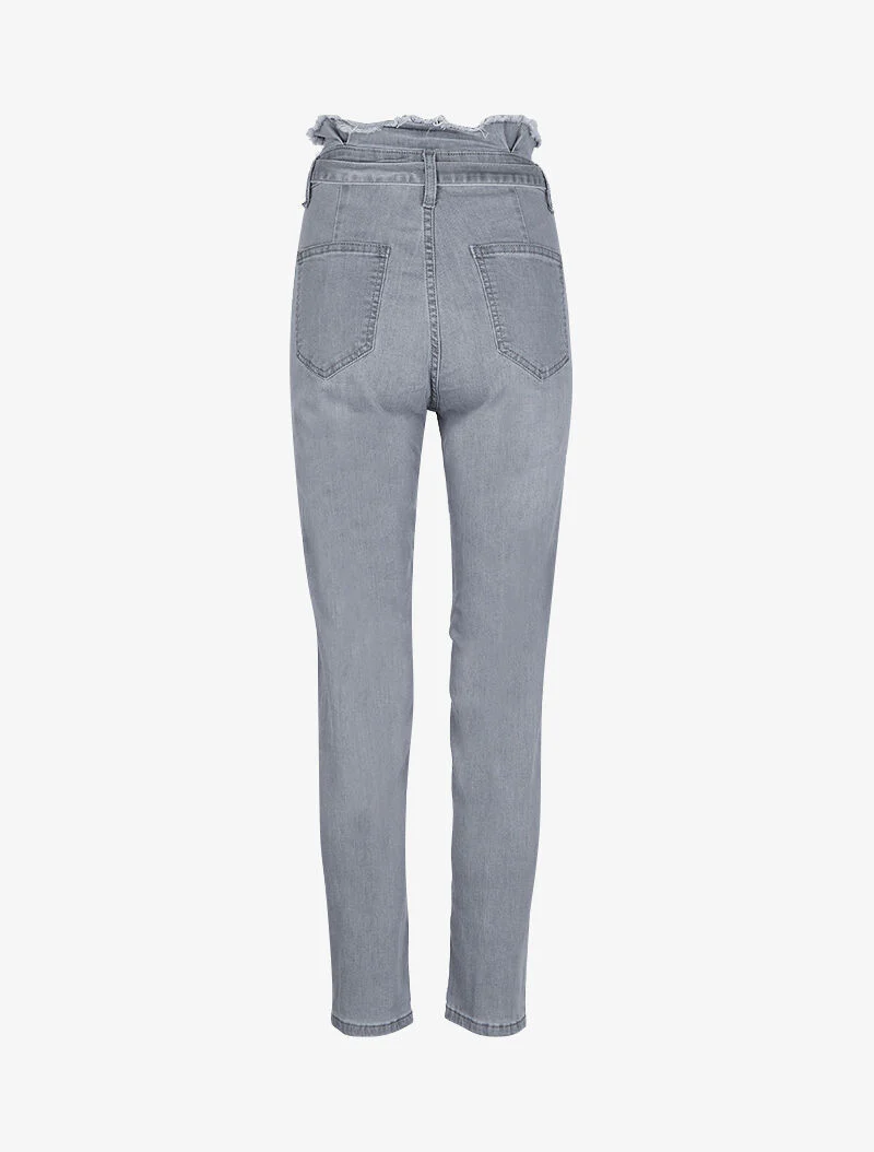 Slim fit paperbag jeans met rafelige taille - Grijs - Image 4