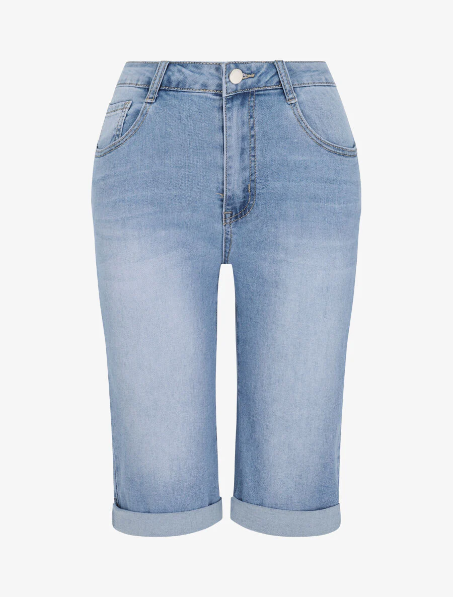 Jeans Bermuda met omgeslagen zoom - Lichtblauw